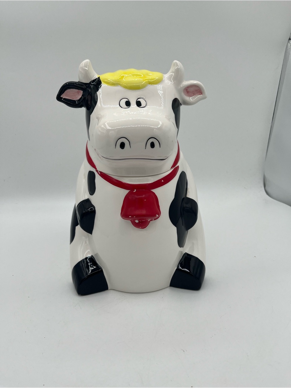 Ceramic Cow Cookie Jar - White, Black, Yellow & Red